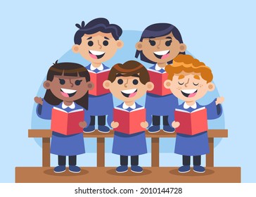 С Kinder singen zusammen. Schule, Kindergartengruppe Kinder singen.  Teenagerschor. Kirchenchor Jungen und Mädchensänger. Melody-Rhythmusbildung. Kinderfreundschaft. Lied, Vektorgrafik.