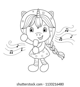 Singing unicorn girl with microphone. Coloring page for girls. Vector.
