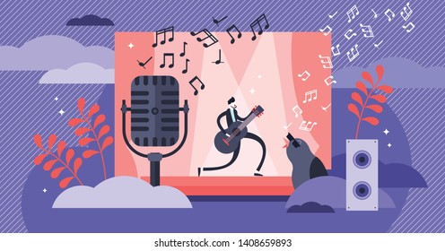 Singing Vector Illustration. Flat Tiny Musical Performance Persons Concept. Abstract Sound Concert Festival With Band Vocal Entertainment Show. Stage Karaoke Melody With Studio Rock, Pop Composition.