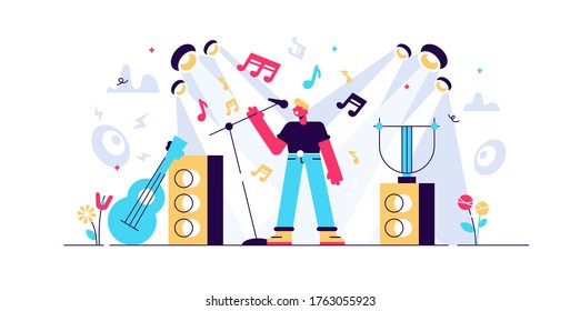 Singing Vector Illustration. Flat Tiny Musical Performance Person Concept. Abstract Concert Festival With Band Vocal Entertainment Show. Stage Karaoke Melody With Studio Rock, Pop Composition.