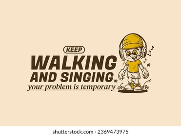 Singing and walking, a boy wearing big headphone walking alone, vintage illustration character