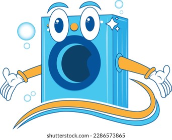 A singing washing machine with hands and swosh. 
