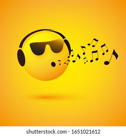 Singing or Whistling Emoji - Emoticon Face With Sunglasses and Headphones on Yellow Background - Vector Design Concept 