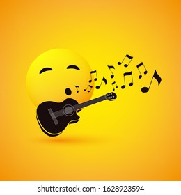 Singing or Whistling Emoticon, Face With Smiling Eyes and  Guitar on Yellow Background - Vector Design