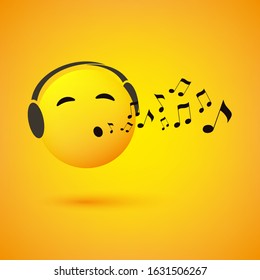 Singing or Whistling Emoticon, Face With Smiling Eyes and  Headphones on Yellow Background - Vector Design Concept