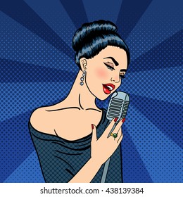 Singing Woman. Beautiful Young Female Singer with Microphone. Pop Art. Vector illustration