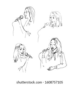 Singing woman with microphone in hands vector illustration. musical band vocalist. Continuous line drawing