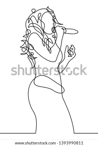 singing woman with microphone in hands vector illustration. musical band vocalist.continuous line drawing 