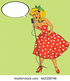 Singing woman in pop art retro style, vector illustration. Karaoke party