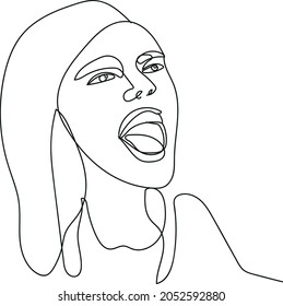 Retrato De Mujer Cantante. Line Art. Trendy Print. Esbozo rápido dibujado a mano. Vocalista De Una Línea De Arte. Bonita Cantante De Chicas.