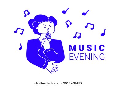 Singing woman vector illustration. Character with floating musical notes. Vocalist in flat linear style. Modern design for karaoke or music evening posters and events.