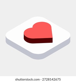 Icono de corazón rojo isométrico 3D en un Botón cuadrado redondeado blanco para los gustos de las redes sociales y la interfaz de usuario del App de citas
