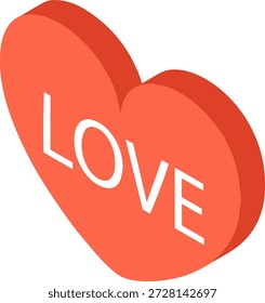 Único icono isométrico 3D del corazón rojo con el texto del AMOR para la tarjeta de felicitación del día de San Valentín y diseño romántico de la interfaz de usuario