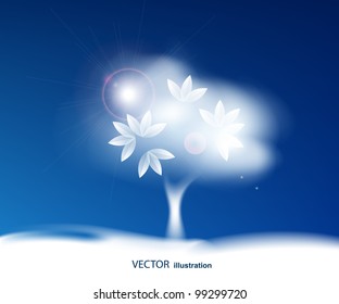 Single abstract tree white clouds