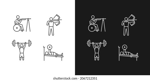 Single adaptive contests linear icons set for dark and light mode. Athletic events. Sportsman with disability. Customizable thin line symbols. Isolated vector outline illustrations. Editable stroke