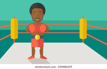 Single an african-american boxer in gloves standing in the ring vector flat design illustration. Horizontal layout with a text space for a social media post.