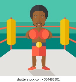 Single an african-american boxer in gloves standing in the ring vector flat design illustration. Square layout.