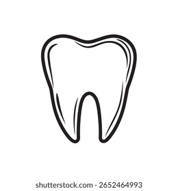 Single anatomical tooth with a defined double line outline on a clean white background is featured. It embodies dental health, hygiene and provides a striking visual for medical use.