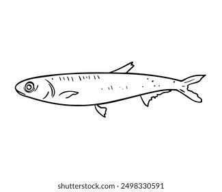 Single anchovy black and white vector illustration isolated. Fresh sea fish hand drawn ink silhouette. Simple fish sprat contour. Sardine in line art for package, label, menu, market, canned fish