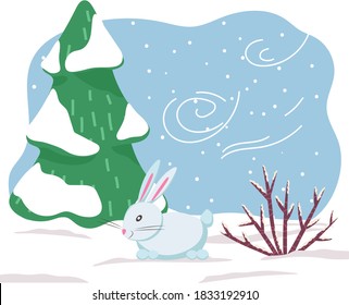 Single animal standing on snowdrift in winter meadow. Hare or rabbit walk among in snowy wood. Character with white fur coat and big ears. Vector illustration of forest wildlife in flat style
