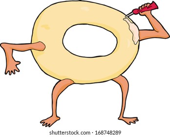 Single anthropomorphic donut squeezing frosting on itself