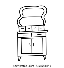 A single antique cupboard drawn in a Doodle style. Collection of antique cabinets isolated on a white background. Furniture and decorative elements for interiors.Hand drawn vector illustration.