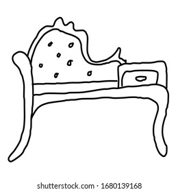 Una cama de época con cajón decorativo. Dibujo al estilo Doodle. Aislado sobre un fondo blanco. Ilustración vectorial en líneas. Cómodo y elegante cama de día.  Para diseño, decoración, web