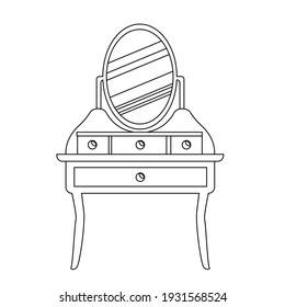 Single antique dressing table in a linear style. Vector Outline of vintage furniture for bedroom and living room.  The vector illustration is isolated on a white background. sketch