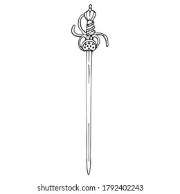 Una sola espada antigua con una hilera imaginada. El contorno de la espada se aísla sobre un fondo blanco. Ilustración vectorial en estilo dibujado a mano. Un elemento de diseño o coloreado.