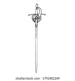 Single antique sword with a figured hilt. The outline drawing of the sword is isolated on a white background. Vector illustration in hand-drawn style. A design or coloring element.