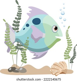 Single aquarium blue butterfly fish with seaweed and stones, isolated on white background