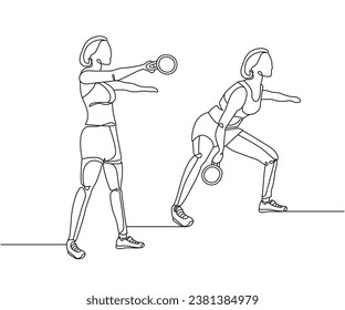 Single arm kettlebell swing exercise line drawing isolated on copy space white background, single handed kettlebell swing exercise editable vector illustration, Continuous one line drawing exercise