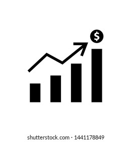 Single arrow growing pointing up on chart graph bars icon, success graph trending upwards flat design interface infographic element for app ui ux web button, vector isolated illustration.