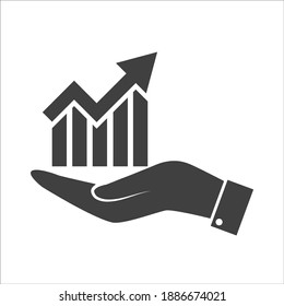 Flecha única creciendo apuntando hacia el icono de las barras gráficas, gráfico de éxito trending up plana design interface infographic item for app ui ux web button, vector aislado en fondo blanco