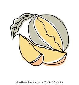 Single art drawing of cut mango with leaf in boho style. Botanical single line colored retro drawing of fruit. Contour line outline composition isolated on white background.