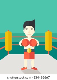 Single an asian boxer in gloves standing in the ring vector flat design illustration. Vertical poster layout with a text space.