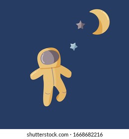 Single astronaut and moon in a open space. Flat vector illustration.