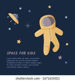 Single astronaut and starry sky in a open space. Flat vector illustration. Kids space template.