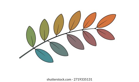 Rama de otoño única con hojas que cambian de colores de verde y amarillo a naranja y rojo profundo contra un espacio blanco.