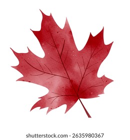 Single autumn red leaf in watercolor. Isolated hand drawn fall foliage illustration for print and digital use