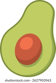 Una sola mitad de aguacate con una semilla visible en un estilo limpio y plano. La fruta se representa con líneas suaves y un enfoque minimalista. Ilustración vectorial de dibujos animados.