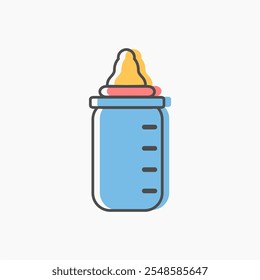 Single baby bottle icon. Baby milk bottle clipart illustration designed in a cute cartoon flat style. Featuring a blue, pink and yellow design with milk inside.