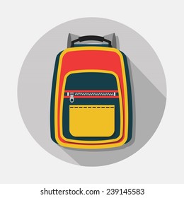 Single backpack icon with long shadow on gray background - Modern flat design