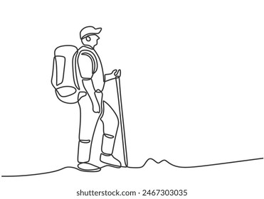 Single Backpacker traveler hiker bring bag walking with stick in one continuous single line art drawing style. Adventure traveling outdoor sport concept vector illustration.