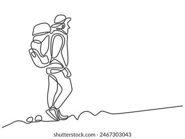 Single Backpacker Traveller Wanderer bringen Tasche Walking in einer durchgehenden Single Line Art Zeichenstil. Abenteuer Reisen Outdoor Sport Konzept Vektorillustration.