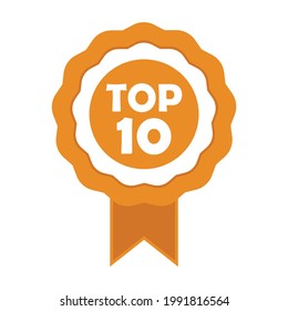 Single Badge with orange and white color shade. A single orange badge on white background. Top 10 single badge with ribbon.
