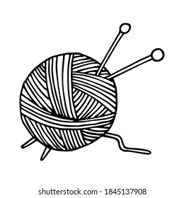 Single ball of woolen thread with needles icon. Hand drawn vector illustration in doodle style outline drawing isolated on white background.