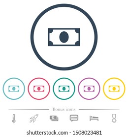 Single banknote flat color icons in round outlines. 6 bonus icons included.
