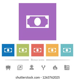 Single banknote flat white icons in square backgrounds. 6 bonus icons included.