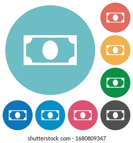 Single banknote flat white icons on round color backgrounds